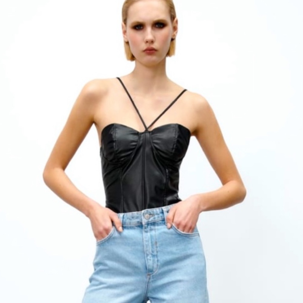 Zara Black Faux Leather Bodysuit